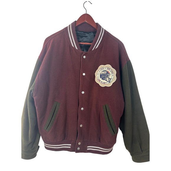 Vintage Style Wool Varsity Jacket New York Giants Patch Burgundy Snap Bomber - Picture 2 of 12